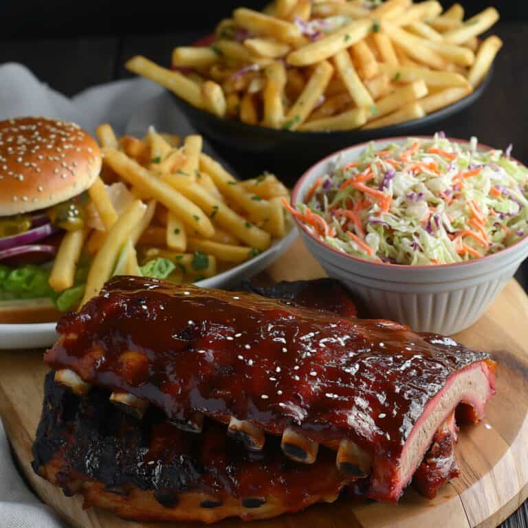 Delicious Labor Day BBQ spread with grilled ribs, a bowl of coleslaw, French fries, and a cheeseburger on a wooden board.
