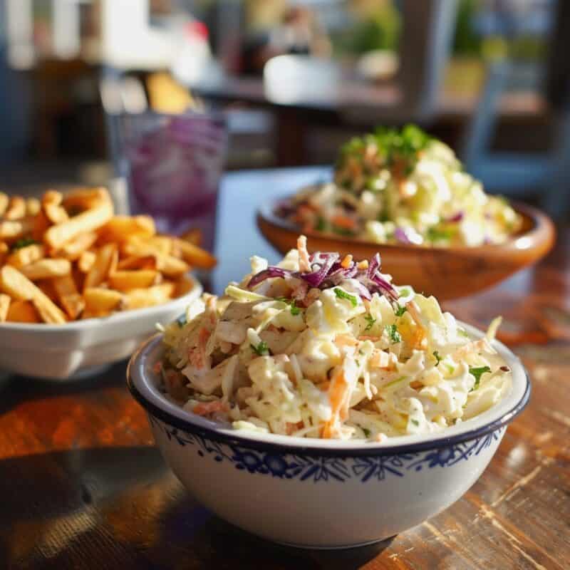 A bowl of creamy coleslaw, a popular Labor Day side dish recipe, sits on a wooden table with a bowl of fries and another salad bowl in the background, ideal for a summer cookout.