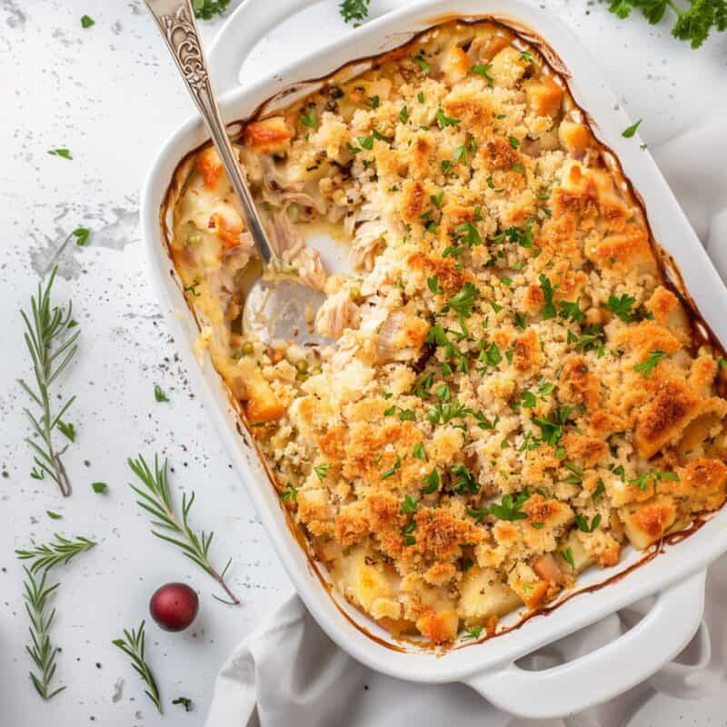 Leftover turkey casserole with a golden breadcrumb topping, served in a white baking dish with a serving spoon.