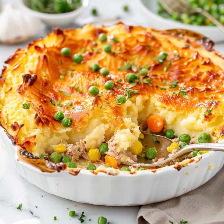 A beautifully baked Leftover Turkey Shepherd's Pie with a golden-brown mashed potato topping, garnished with vibrant green peas and fresh herbs. The filling includes visible chunks of turkey, carrots, and peas, making it a perfect comfort food to repurpose Thanksgiving leftovers.