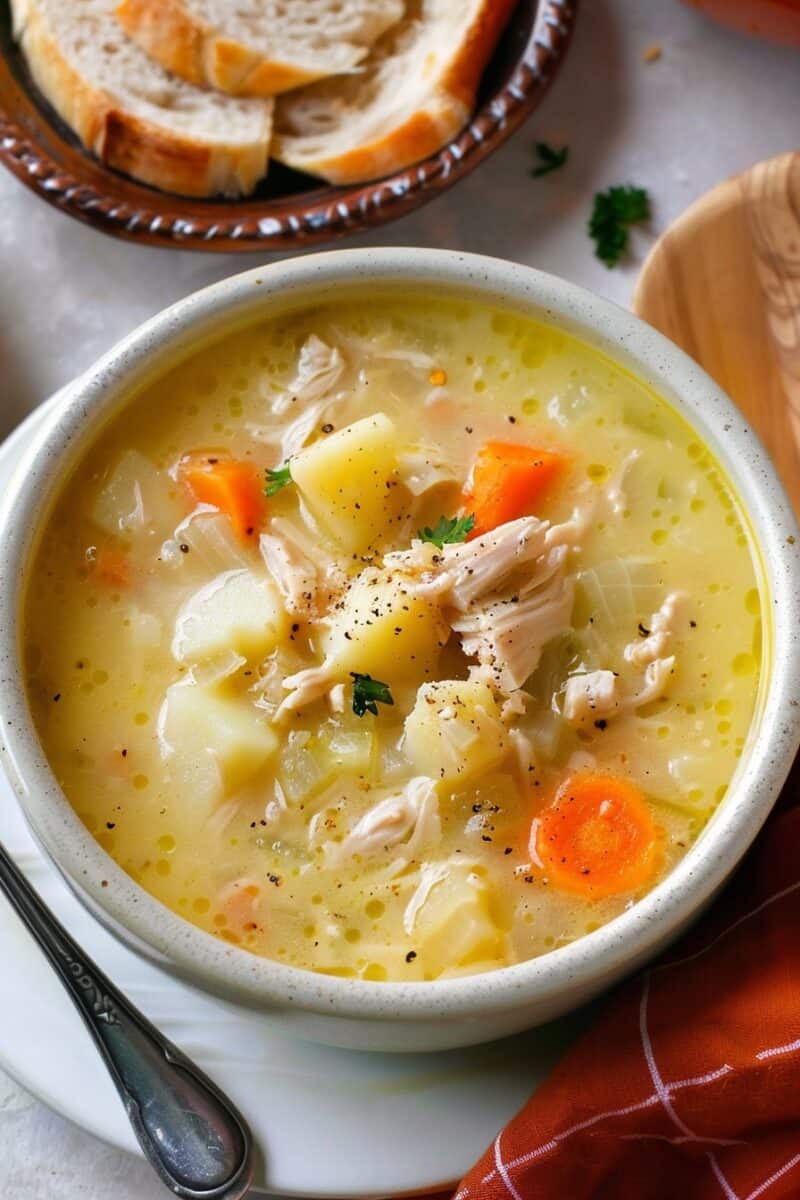 A comforting bowl of leftover turkey potato soup with chunks of turkey, potatoes, and carrots in a creamy broth, garnished with parsley. A plate of sliced bread is in the background.