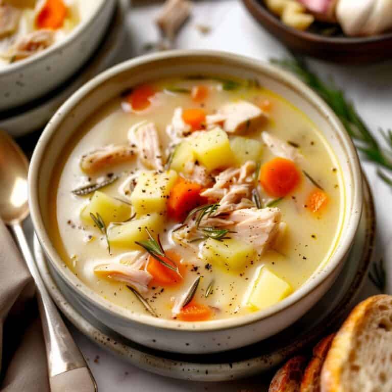 A comforting serving of leftover turkey potato soup, with visible pieces of turkey, potatoes, and carrots in a rich, creamy broth. The bowl is placed on a decorative white plate with a side of bread and a spoon ready to enjoy.