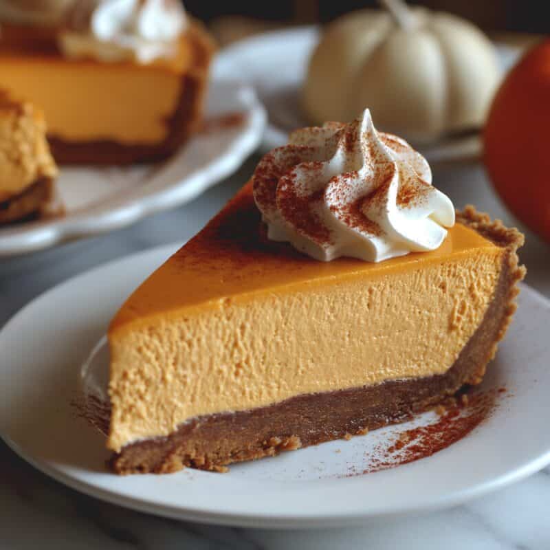 A close-up of a slice of pumpkin cheesecake with gingersnap crust, featuring a rich, creamy texture, topped with a whipped cream swirl and a light dusting of cinnamon, on a white plate.