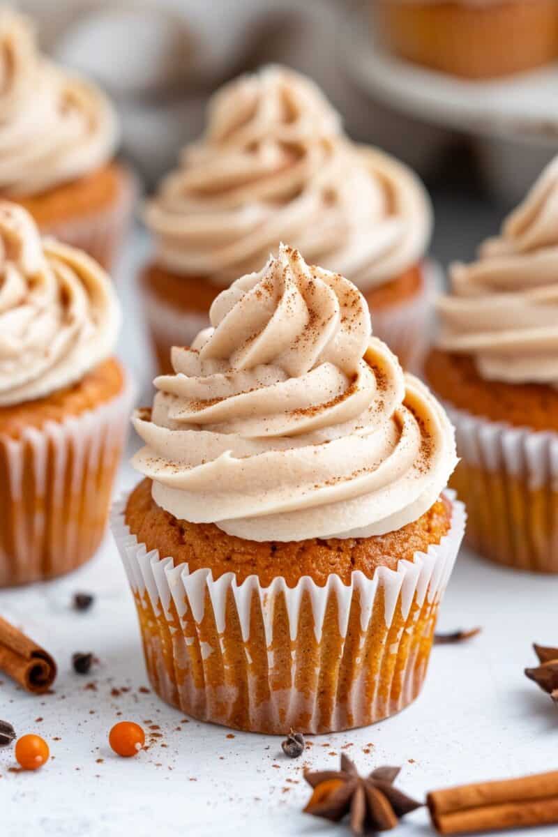 A close-up of a pumpkin cupcake with a generous swirl of cinnamon cream cheese frosting, dusted with cinnamon, surrounded by other frosted cupcakes, cinnamon sticks, and star anise, highlighting the warm and inviting fall flavors.