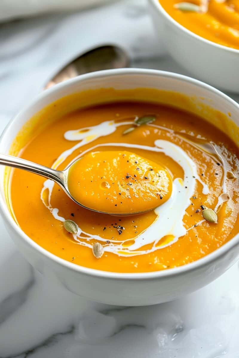 A close-up of a spoonful of creamy pumpkin soup topped with a swirl of cream and pumpkin seeds, ready to eat.