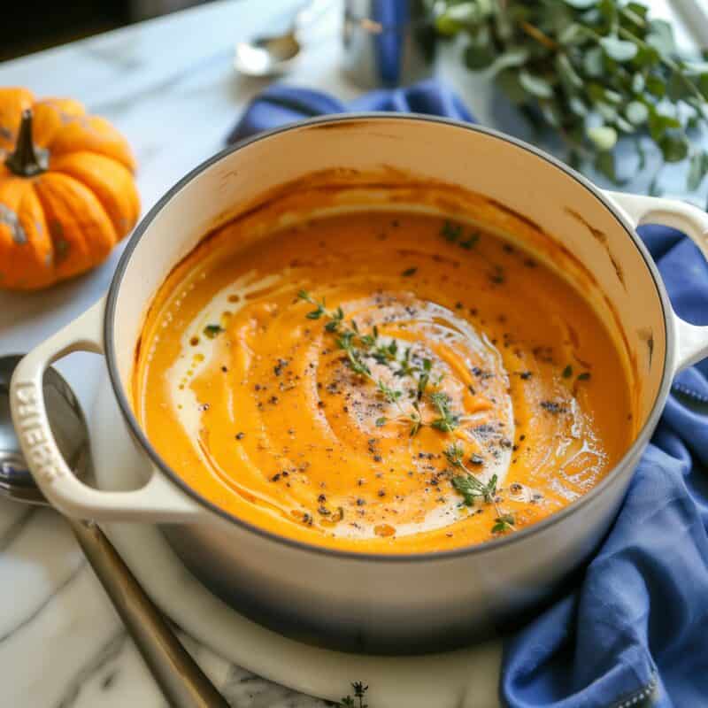 A pot of freshly made pumpkin soup garnished with thyme and black pepper, next to a small pumpkin and a blue cloth.