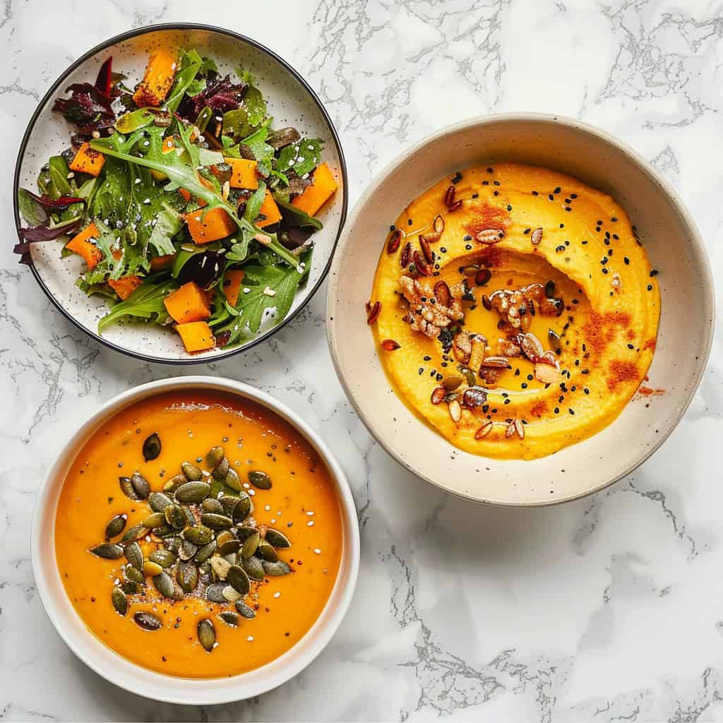 A trio of dishes featuring a bowl of creamy pumpkin soup topped with pumpkin seeds, a plate of fresh salad with greens and roasted pumpkin cubes, and a bowl of pumpkin hummus garnished with seeds and nuts. These dishes present a delicious and nutritious option for Pumpkin Seeds Recipes and fall recipes.