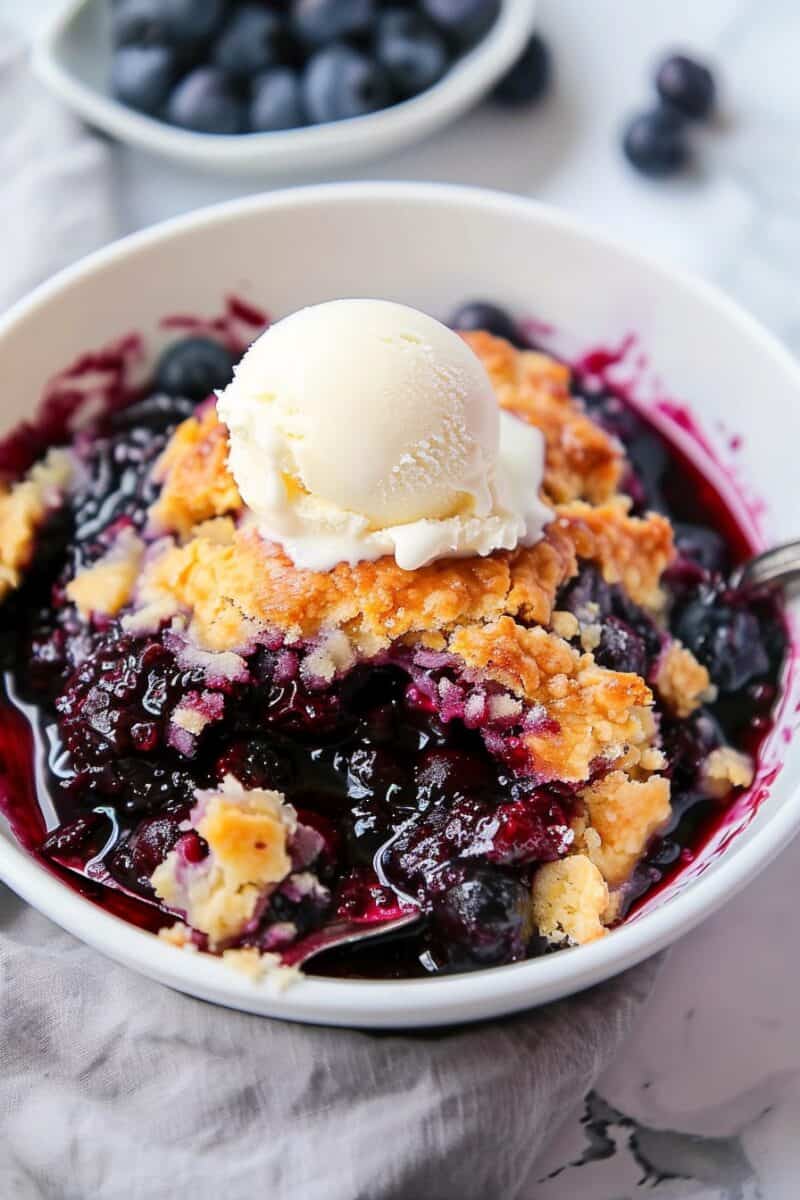 A bowl of Slow Cooker Blueberry Cobbler topped with a scoop of vanilla ice cream, with fresh blueberries in the background.