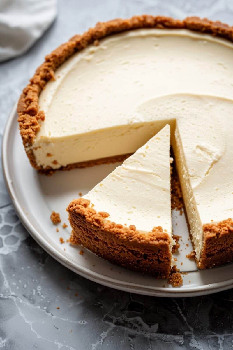 A whole cheesecake with a smooth, creamy top and a thick, crumbly crust. One slice is cut and slightly pulled out, revealing the dense, creamy interior. The cheesecake is displayed on a white plate with a marble countertop background.