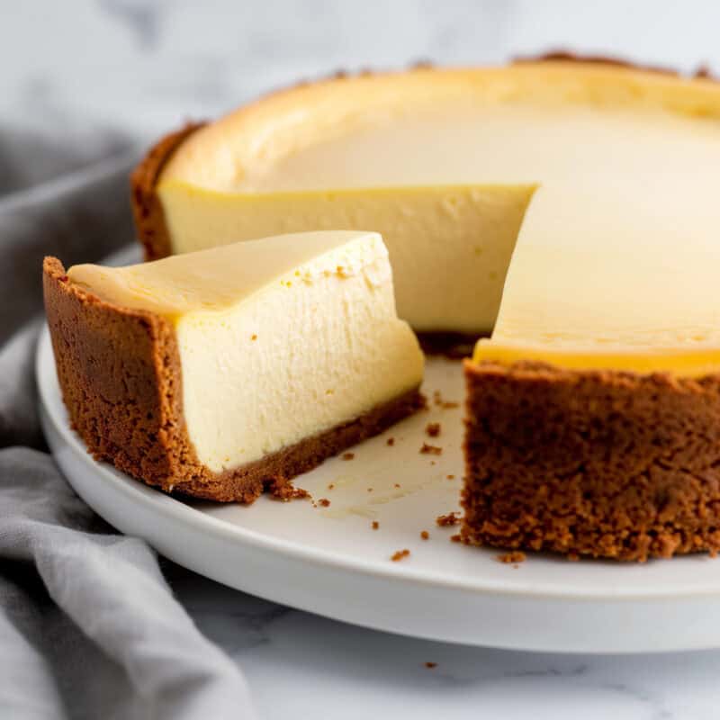 A close-up of a cheesecake with a creamy, smooth top and a thick, golden-brown crust. One slice is slightly pulled out, revealing the dense and creamy interior. The cheesecake is on a white plate, with a grey cloth in the background.