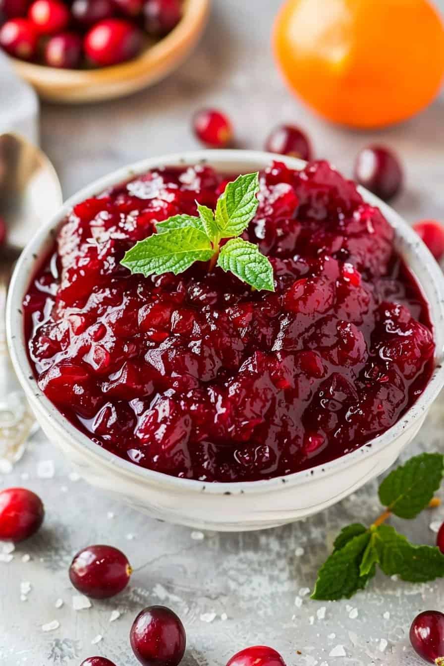 rustic white bowl filled with thick, homemade cranberry sauce, with scattered cranberries and an orange nearby.
