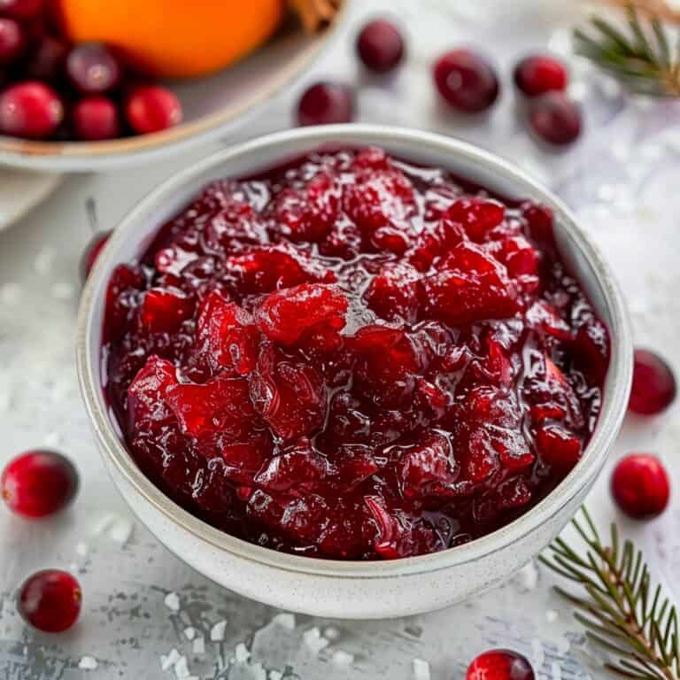 A bowl of vibrant slow cooker cranberry sauce surrounded by fresh cranberries and an orange in the background.