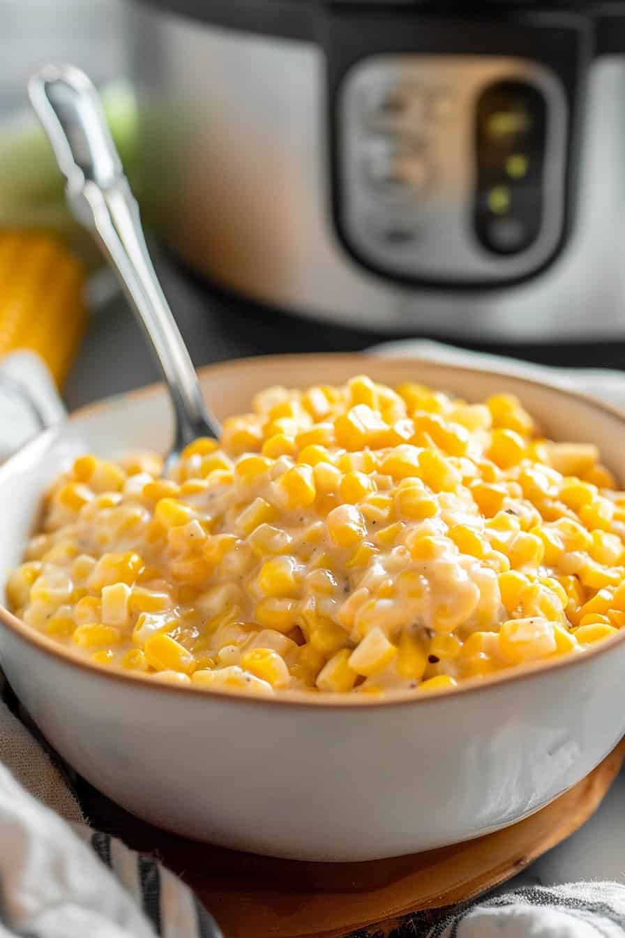 A bowl of slow cooker creamed corn placed in front of a slow cooker, ready to be served.