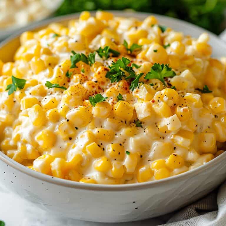 A close-up of a spoonful of slow cooker creamy creamed corn, showcasing the rich and smooth texture of the dish.