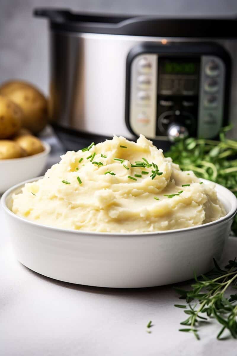 A bowl of creamy mashed potatoes garnished with fresh chives, placed in front of a slow cooker, with potatoes and fresh herbs in the background.