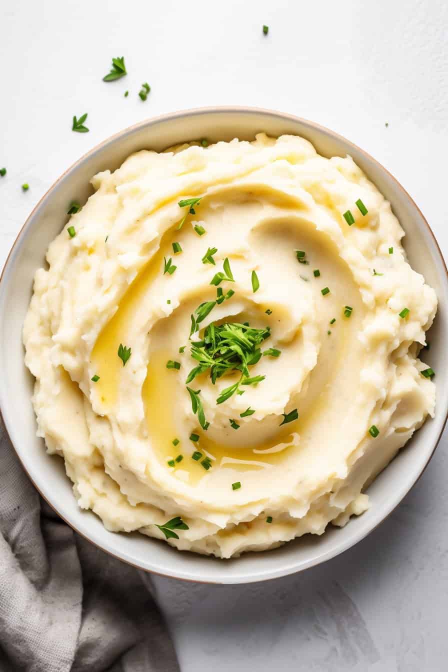 Overhead view of a bowl of creamy mashed potatoes, garnished with chopped fresh herbs and a drizzle of olive oil, with a smooth, rich texture.