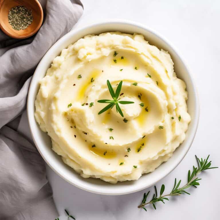 An overhead view of a bowl of slow cooker mashed potatoes, garnished with fresh rosemary, black pepper, and a drizzle of olive oil, with a sprig of rosemary on the side.