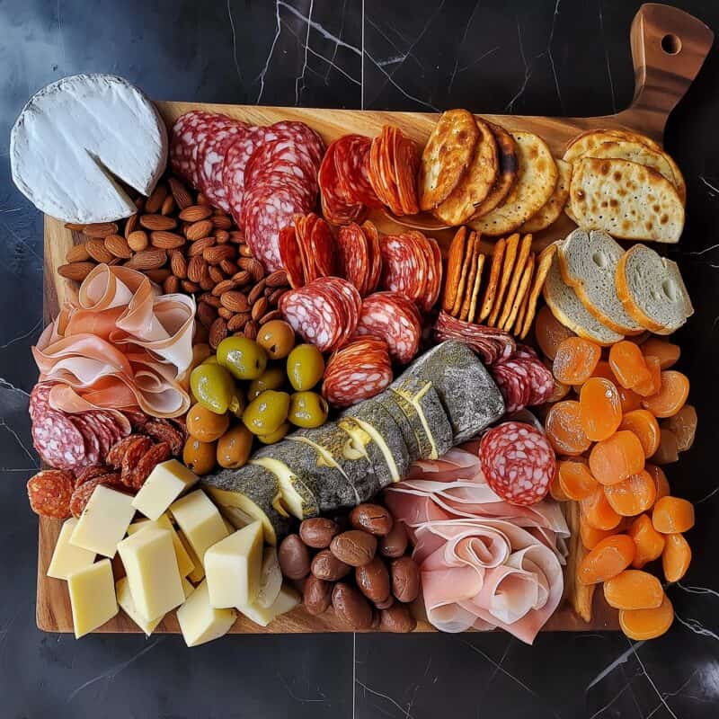 A square Thanksgiving charcuterie board loaded with sliced meats, almonds, olives, apricots, assorted cheeses, and crackers arranged artfully on a wooden board.