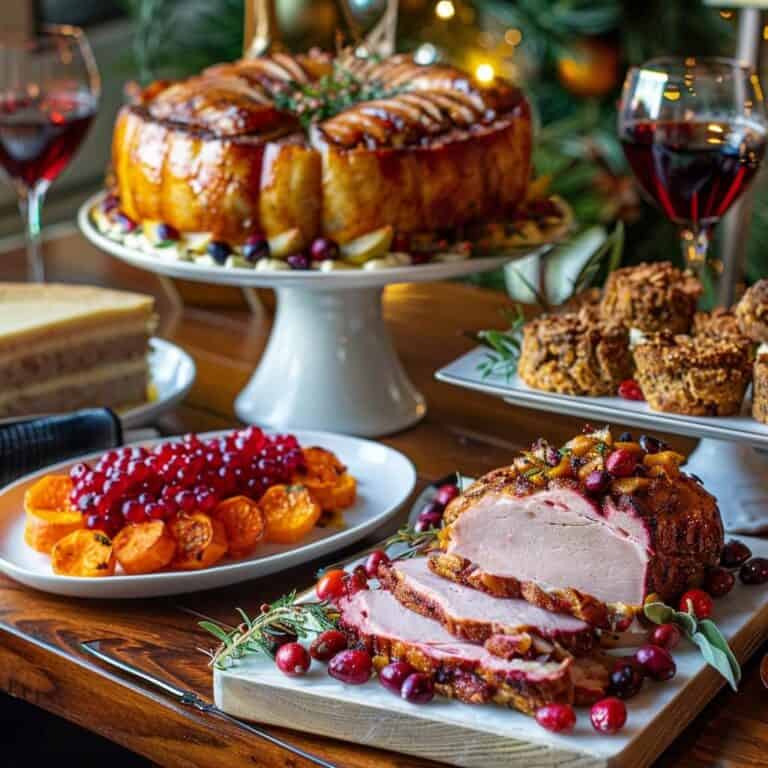 A Thanksgiving dinner table with limoncello spritz, cranberry brie bites, brown sugar glazed pork loin, Sausage and Sweet Potato Stuffing, and classic pumpkin cheesecake