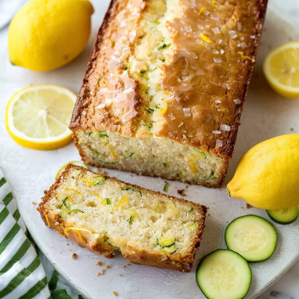 A loaf of lemon zucchini bread with a glaze on top, surrounded by fresh lemons and zucchini slices on a white background. An appetizing and tangy zucchini bread recipe.
