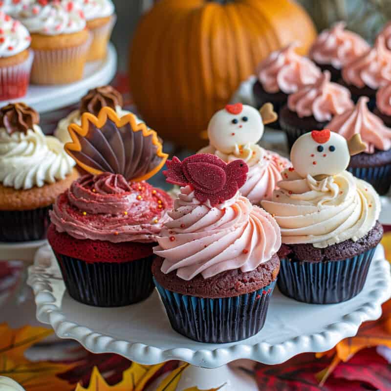 a Thanksgiving dinner table with red velvet cupcakes, pink buttercream cupcakes, turkey cupcakes, and pumpkin spice cupcakes