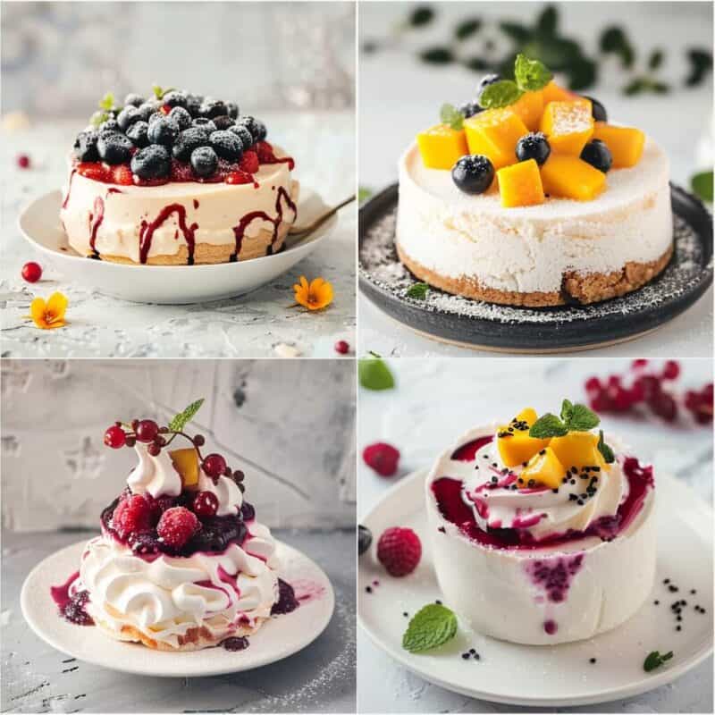 A collage featuring four summer desserts: 1) a cheesecake topped with blueberries, raspberries, and berry sauce; 2) a fluffy cake adorned with mango and blueberries; 3) a pavlova decorated with berries and peach; 4) a creamy dessert garnished with mango, and berry sauce.