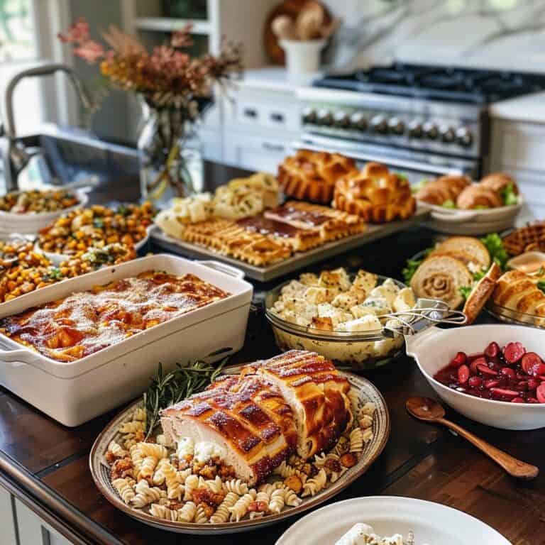 a kitchen island with leftover Thanksgiving dishes including a classic pasta casserole, a turkey pot pie, a bowl of turkey stock, sushi-style turkey rolls with cranberry and stuffing, turkey sandwiches with cranberry sauce, and waffled cranberry cream cheese turkey sandwiches