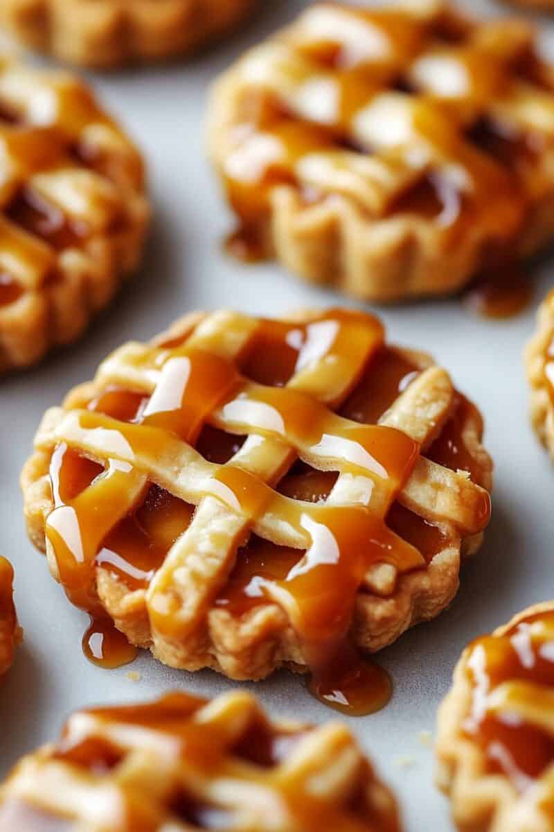 A close-up of multiple mini Apple Pie Cookies arranged on a tray, each with a golden lattice crust and a glossy caramel drizzle, highlighting the delicate pastry and rich filling.