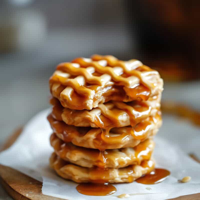 A close-up shot of a stack of four Apple Pie Cookies with a lattice pattern, drizzled generously with golden caramel sauce, resting on a parchment paper-lined wooden board.