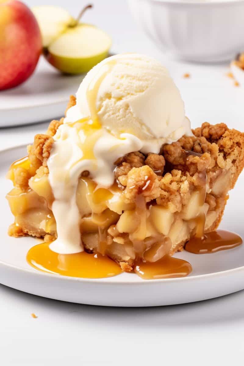 A slice of apple dump cake on a white plate, topped with a scoop of vanilla ice cream. The cake has a crispy, crumbly top with a soft apple filling underneath, and is generously drizzled with caramel sauce. Fresh apples are blurred in the background, adding a pop of color.