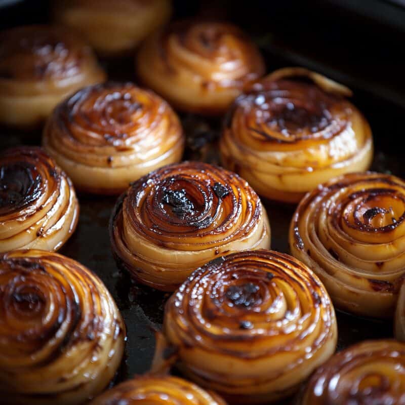 A close-up shot of Balsamic Roasted Onions, highlighting the deep caramelization and garnished with fresh herbs.