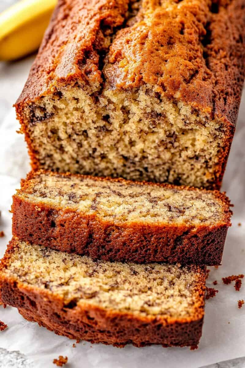 Close-up of a sliced banana bread loaf showing the dense, moist texture and pieces of banana throughout the bread.