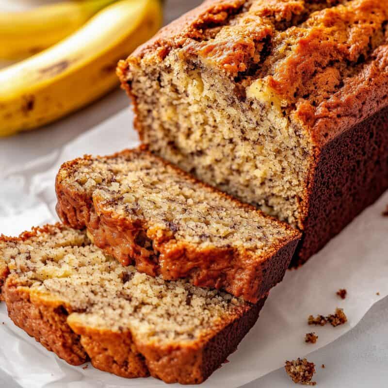 Sliced banana bread with a golden-brown crust, showing its moist and soft interior, placed on parchment paper with bananas in the background.