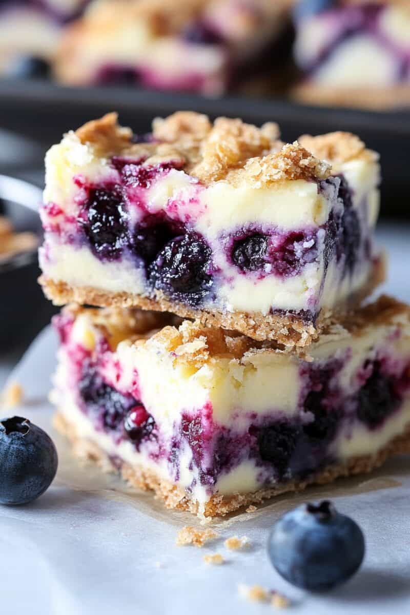 A stack of two blueberry cream cheese bars with a crumbly oat topping, highlighting the vibrant blueberry filling and creamy cheesecake layers, with fresh blueberries around the base.