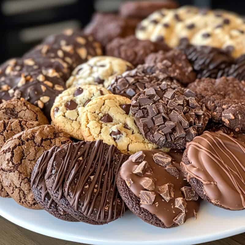 A plate filled with a variety of delicious Chocolate Christmas Cookies, including chocolate chip, double chocolate, and chocolate-dipped cookies, perfect for holiday celebrations.