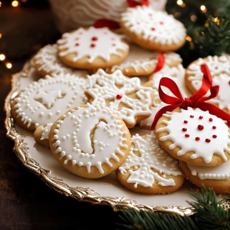 A plate of elegantly decorated Christmas cookies with white icing and festive red ribbon accents, ideal for adding holiday cheer to any gathering.