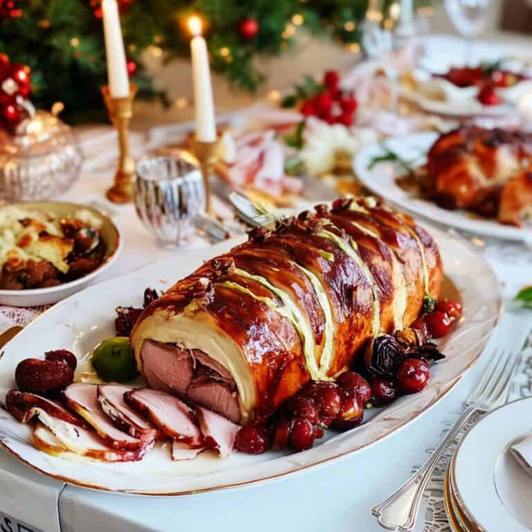 A beautifully decorated Christmas dinner table showcasing Christmas Dinner Ideas, with a centerpiece of a perfectly cooked and sliced beef Wellington, garnished with cherries and herbs. The table is set with elegant white china, silverware, and candle holders, surrounded by festive Christmas decorations and lights.