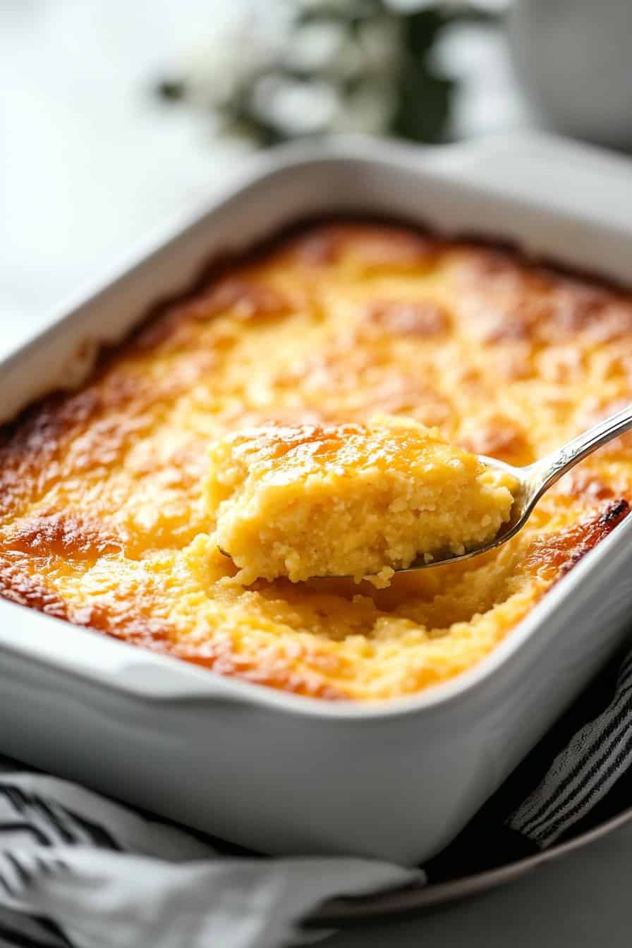 A close-up of a creamy cornbread casserole in a white baking dish with a golden brown crust, with a spoonful of the casserole being lifted out.