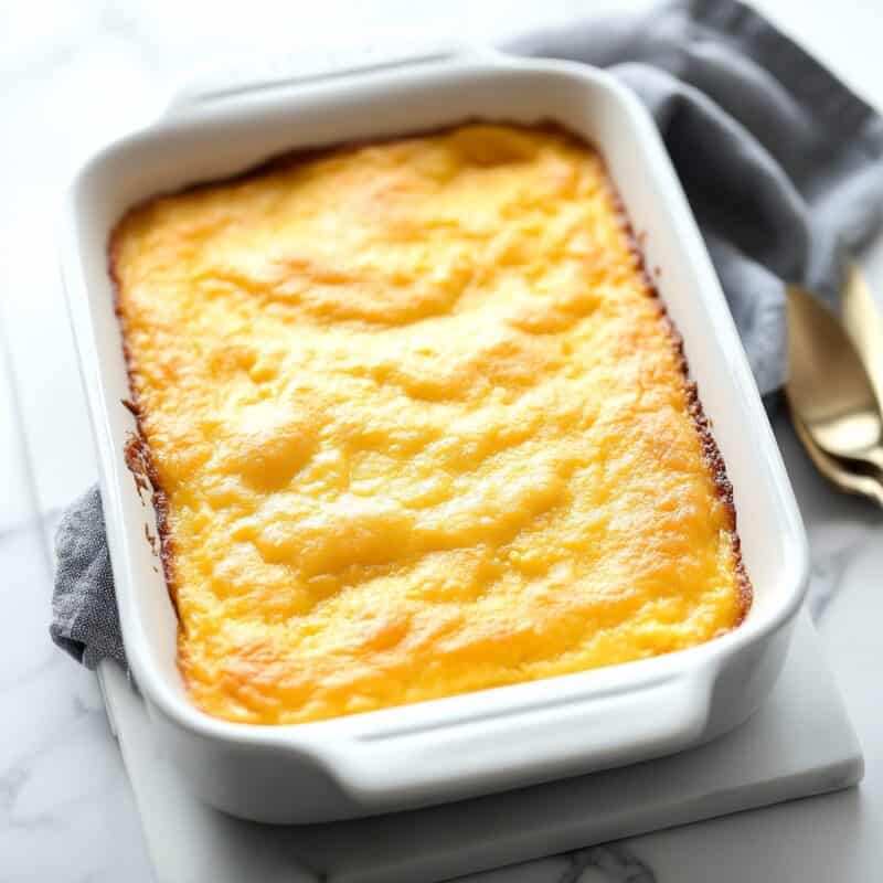 A creamy cornbread casserole in a white baking dish, featuring a golden, slightly crispy top layer, resting on a marble countertop.