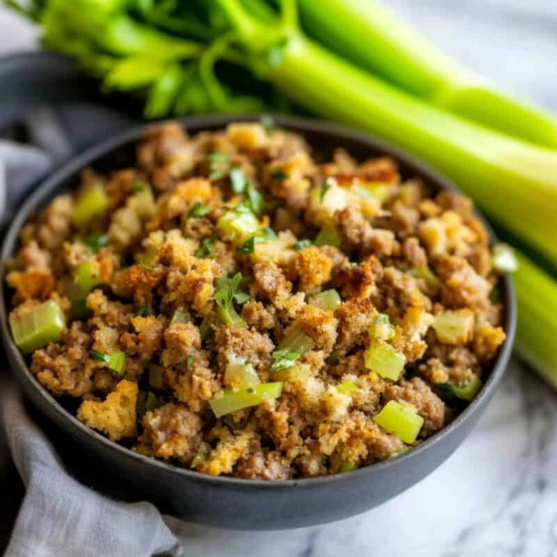 A black bowl filled with savory sausage stuffing, showcasing chunks of celery, sausage, and bread cubes. Fresh celery stalks are visible in the background, enhancing the fresh and homemade feel of the dish.