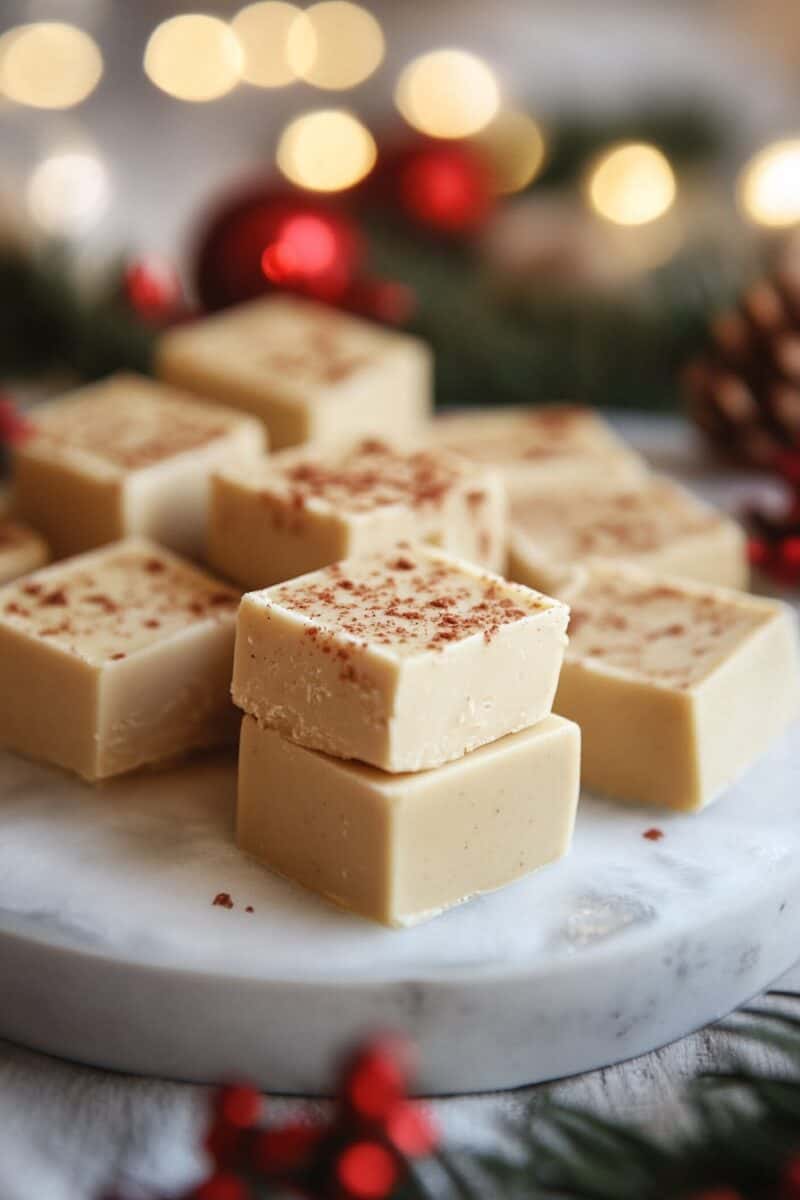 Stack of Eggnog Fudge cubes lightly sprinkled with nutmeg, displayed on a marble surface surrounded by holiday decor and blurred festive lights in the background.