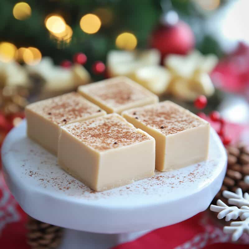 Squares of creamy Eggnog Fudge dusted with nutmeg, arranged on a white plate with a festive background of Christmas decorations and twinkling lights.