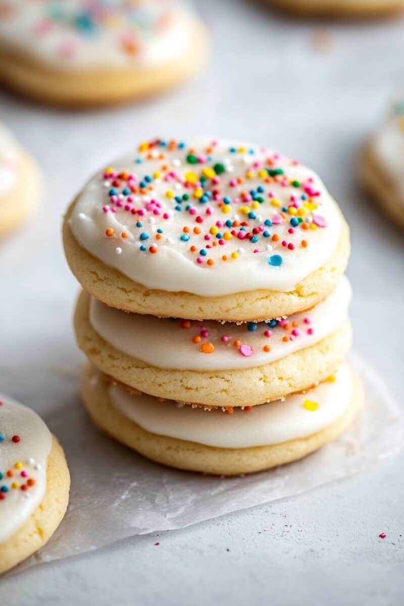 A stack of three frosted sugar cookies topped with colorful sprinkles, placed on a piece of parchment paper. The cookies have a smooth white frosting and a soft, chewy texture.