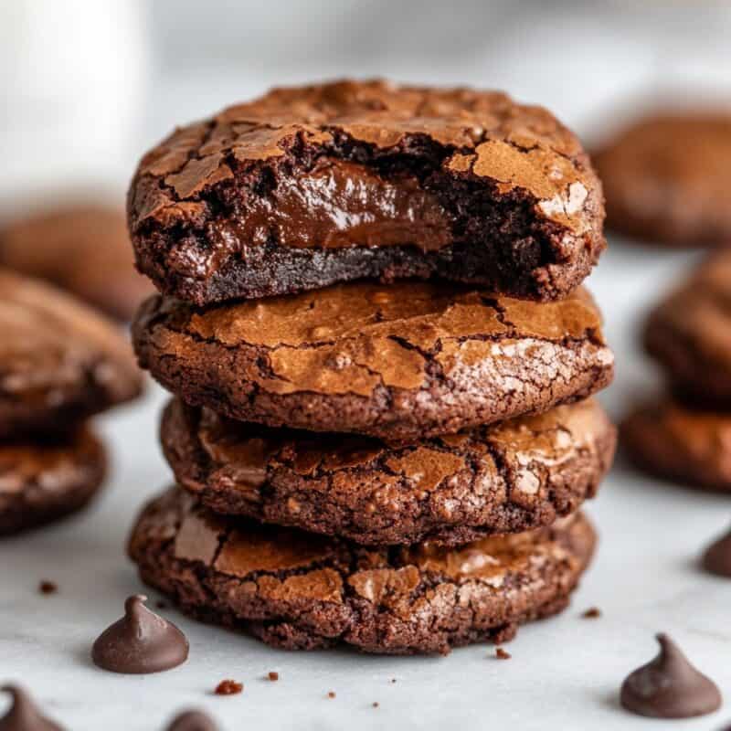 Close-up of a stack of gooey, chocolate-filled Gluten Free Christmas Cookies with a bite taken out of the top cookie.