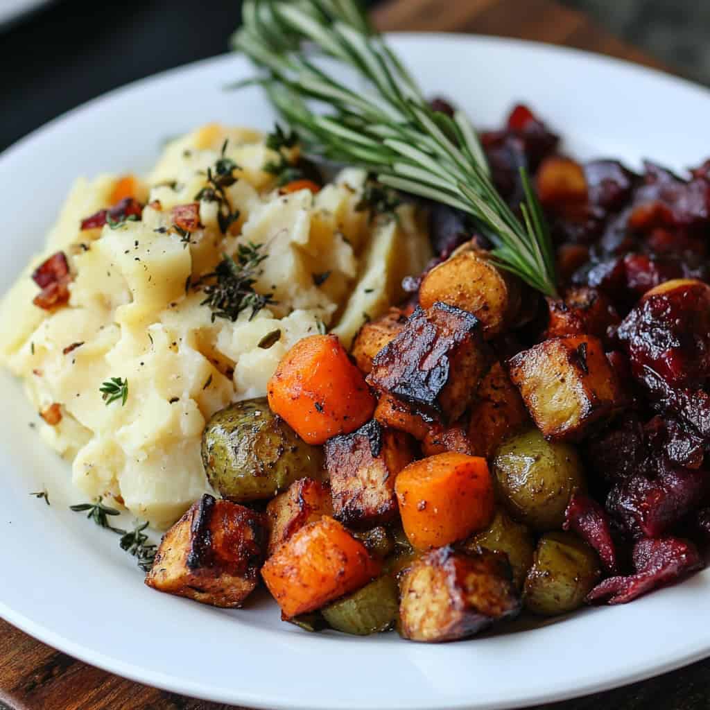 A plate of gluten-free Thanksgiving side dishes, including creamy mashed potatoes with herbs, roasted vegetables like carrots and Brussels sprouts, and a garnish of fresh rosemary.