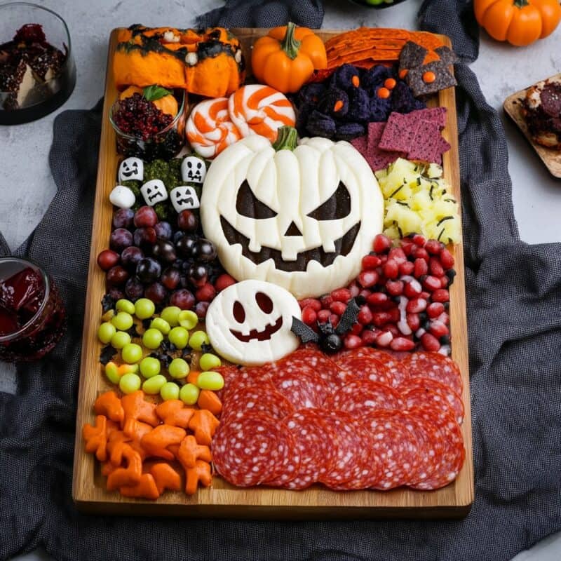 A colorful Halloween charcuterie board with a jack-o'-lantern cheese centerpiece, surrounded by various Halloween-themed snacks, including grapes, pomegranate seeds, carrots, salami, and mini pumpkins, creating a spooky and fun party platter.