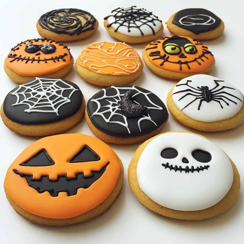 A variety of Halloween-themed cookies decorated with pumpkins, spiders, and webs. The cookies feature orange, black, and white icing with intricate designs.