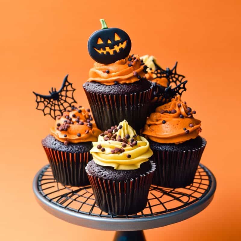 A variety of Halloween-themed cupcakes with orange and yellow frosting, decorated with bats, spiders, and a pumpkin topper, displayed on a black wire stand with an orange background.