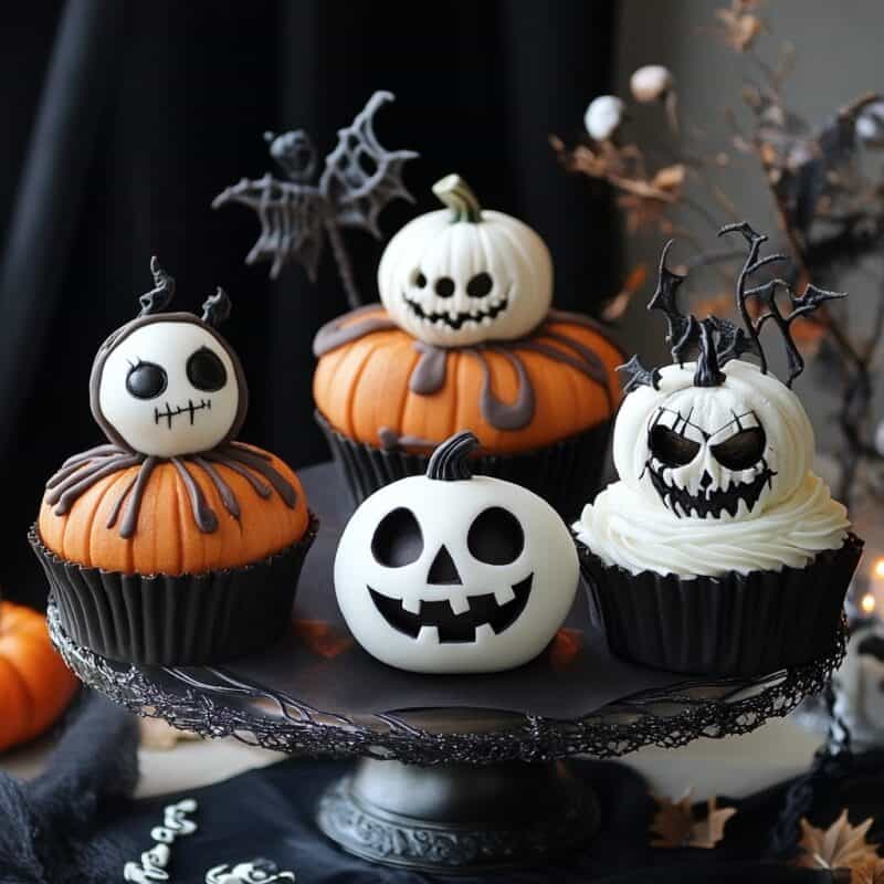 A black cake stand displaying four Halloween-themed cupcakes decorated with intricate designs. The cupcakes feature spooky faces resembling Jack Skellington and other creepy characters, adorned with black, white, and orange frosting. In the background, there are Halloween decorations including cobwebs and spooky branches. Halloween dessert ideas.