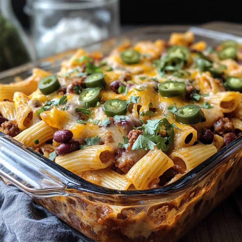 Hatch Chili Recipes. A delicious baked pasta casserole featuring rigatoni, melted cheese, hatch chilis, ground meat, kidney beans, and fresh cilantro, perfect for a hearty meal.